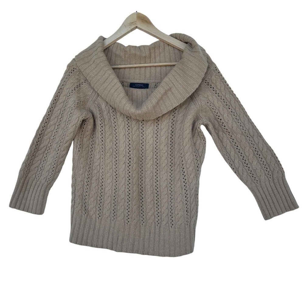 Express Wool Cashmere Blend Cable Knit Cowl Neck Beige Sweater Size Large L Y2K‎